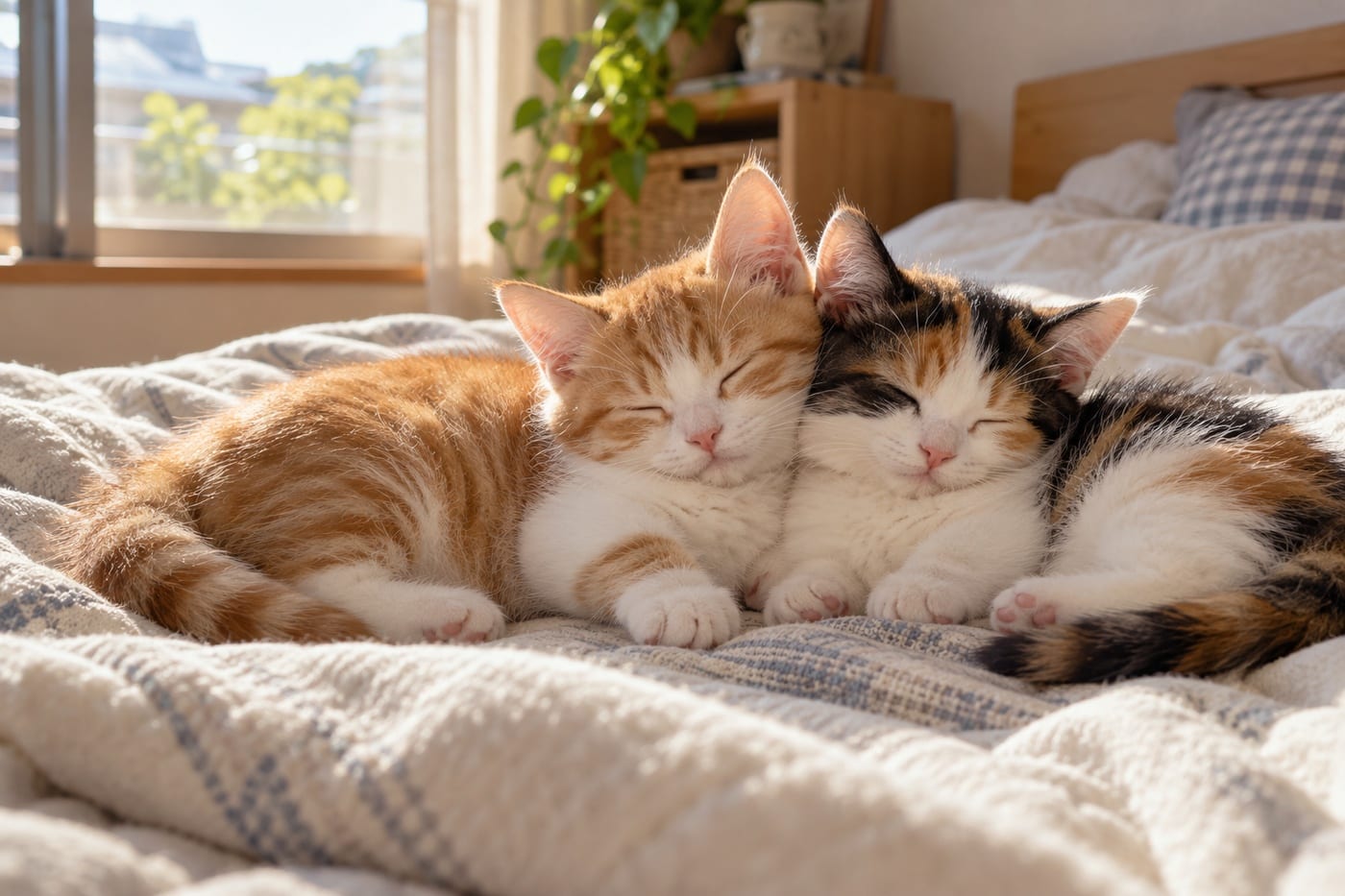 ベッドの上で顔を寄せ合って眠る、茶白と三毛の子猫