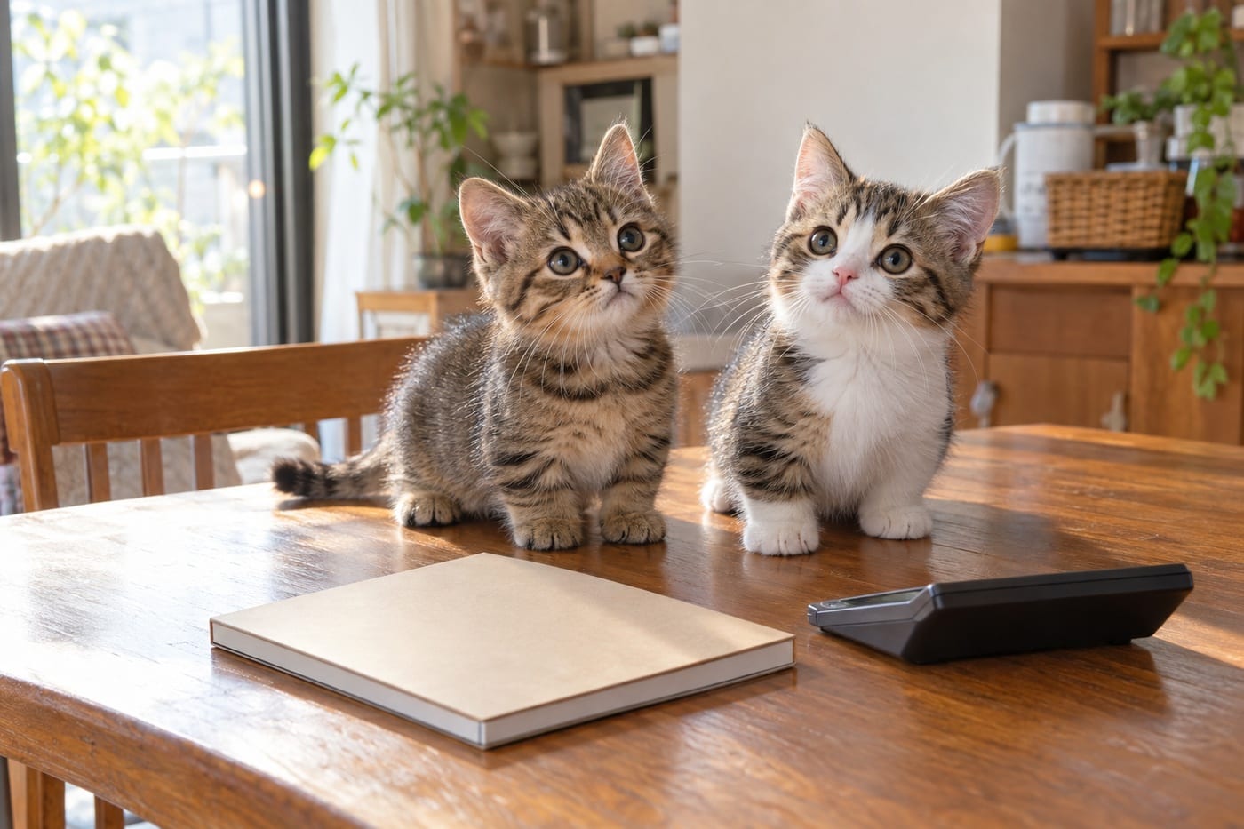 テーブルに置いた閉じたノートと電卓の奥に、並んで座るキジトラとキジ白の子猫