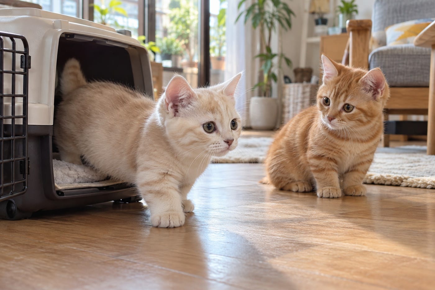 リビングの床で、キャリーケースから出てくるクリーム色の子猫と、少し離れて見守る茶トラの子猫