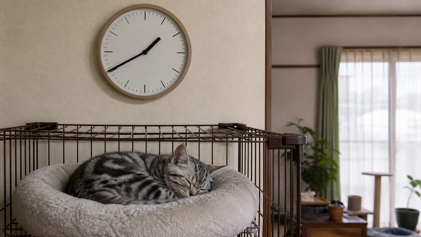 壁掛け時計の下、ケージの中でひとり丸くなって眠る子猫