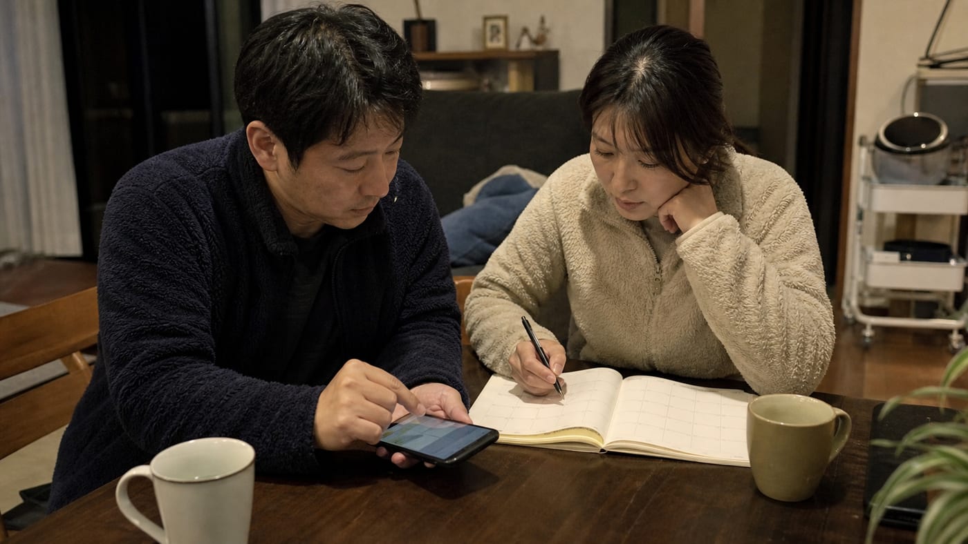 リビングのテーブルで手帳とスマートフォンを見ながら休暇の予定を相談する共働き夫婦、そばのケージで眠る子猫