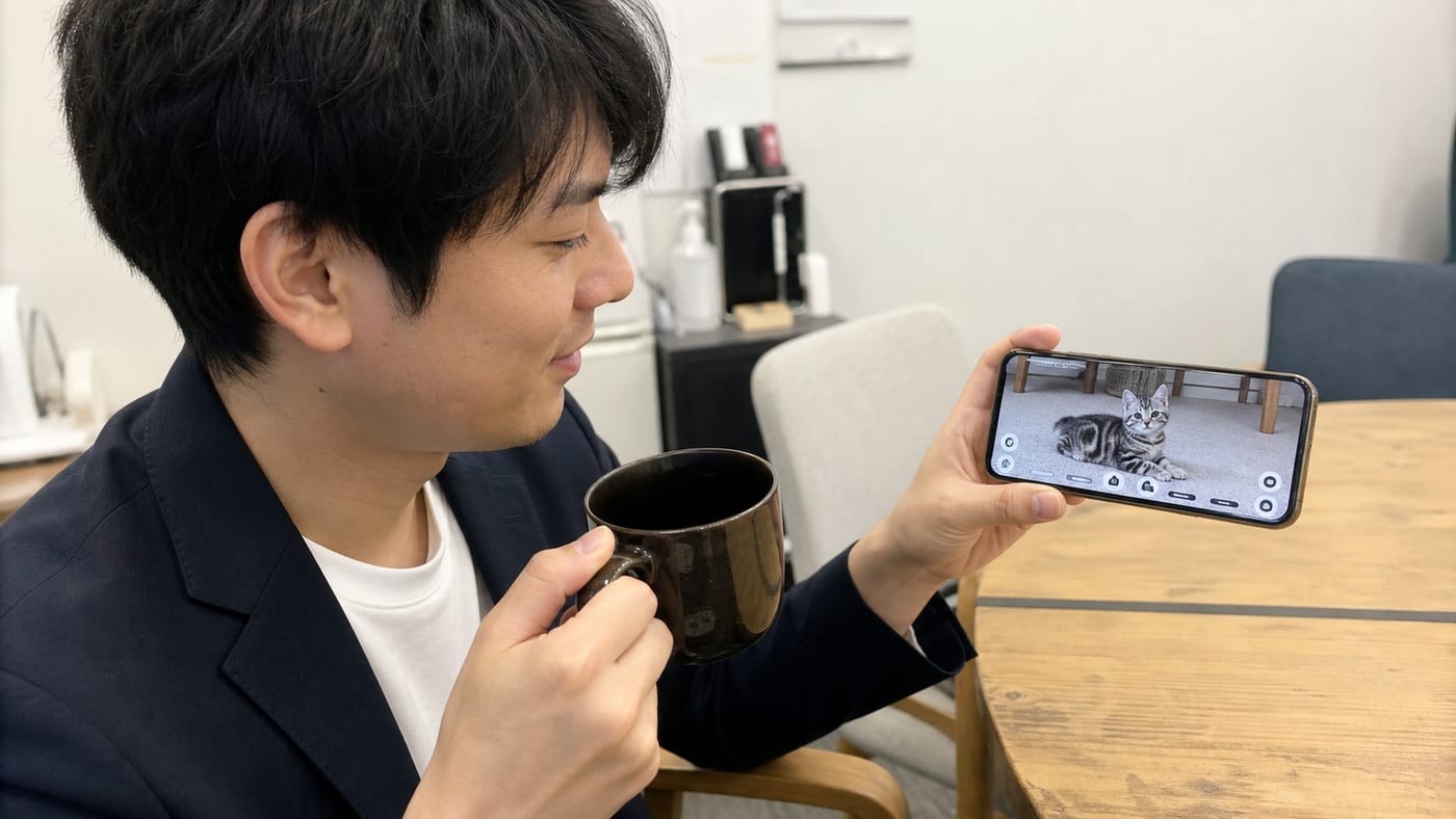 スマートフォンのペットカメラアプリで留守番中の子猫の様子を確認する会社員風の女性