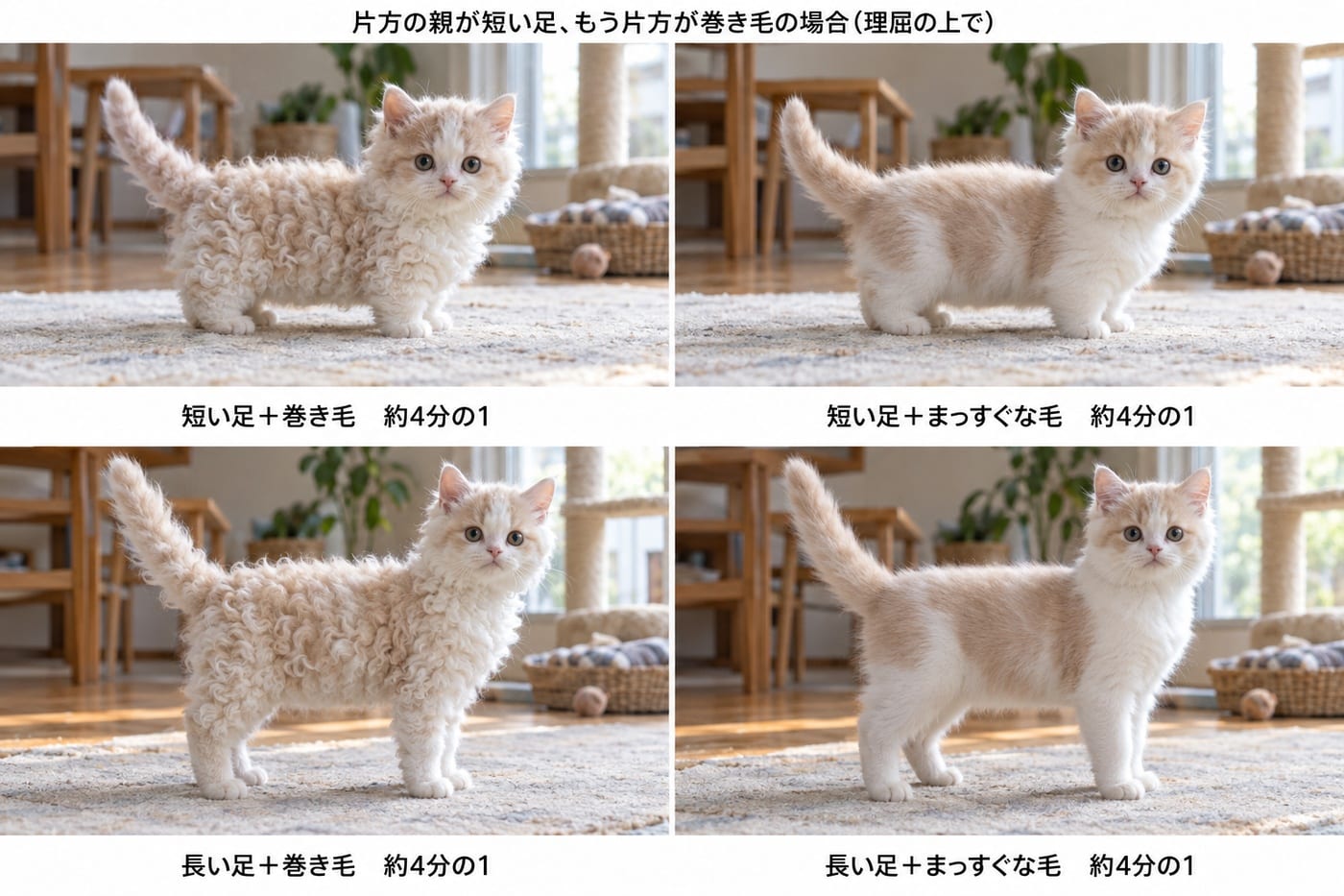 短い足で巻き毛、短い足でまっすぐな毛、足が長く巻き毛、足が長くまっすぐな毛の子猫4頭が2列に並び、それぞれの下に「約4分の1」の文字が添えられている