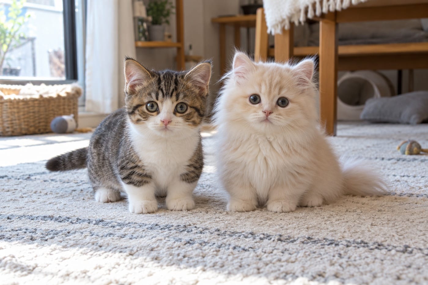 足の短いマンチカンの子猫と、丸い顔で長い毛のミヌエットの子猫が、並んでこちらを見ている