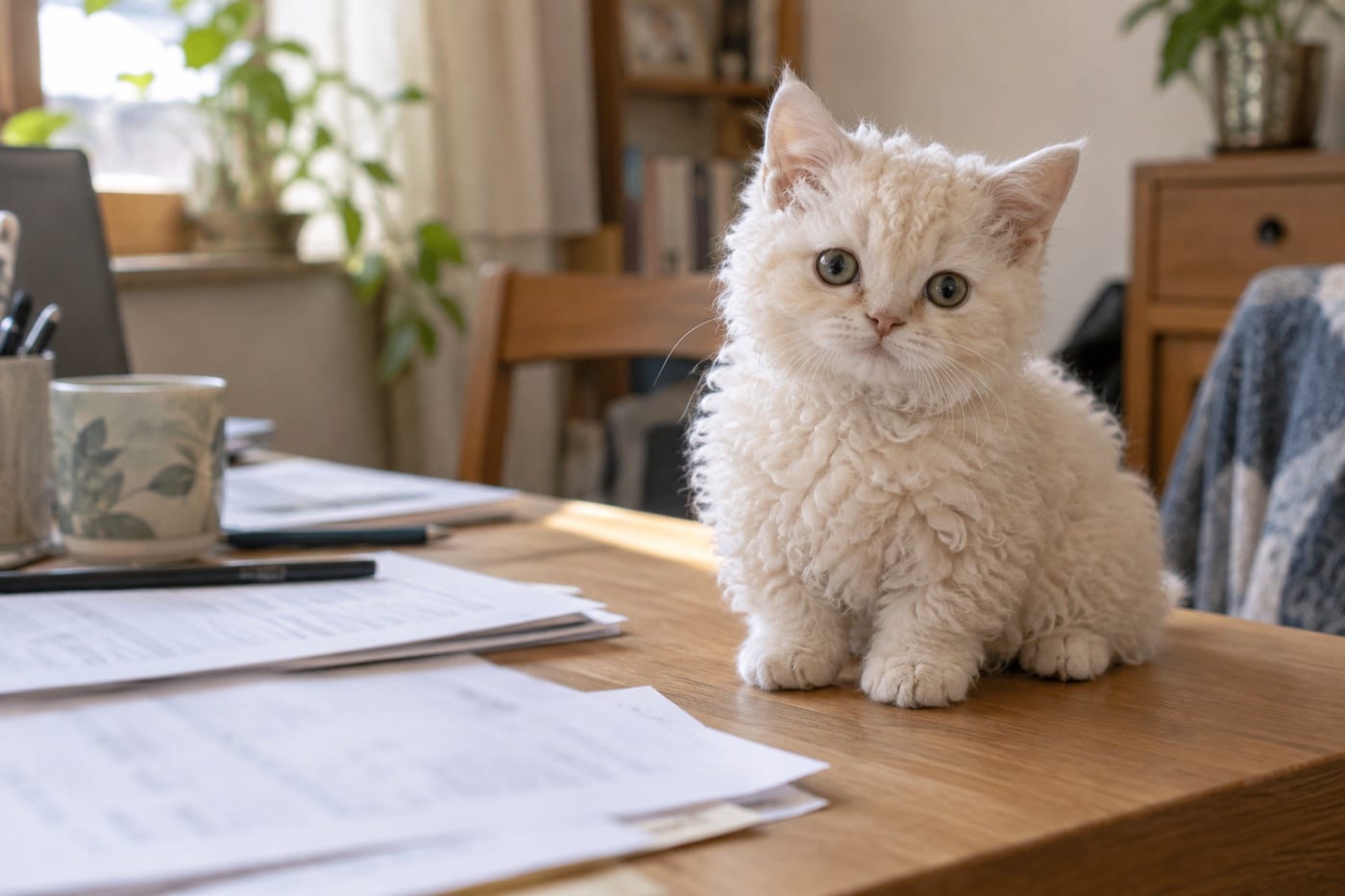 机の上に広げた書類のそばで、白い巻き毛の子猫が座ってこちらを見ている