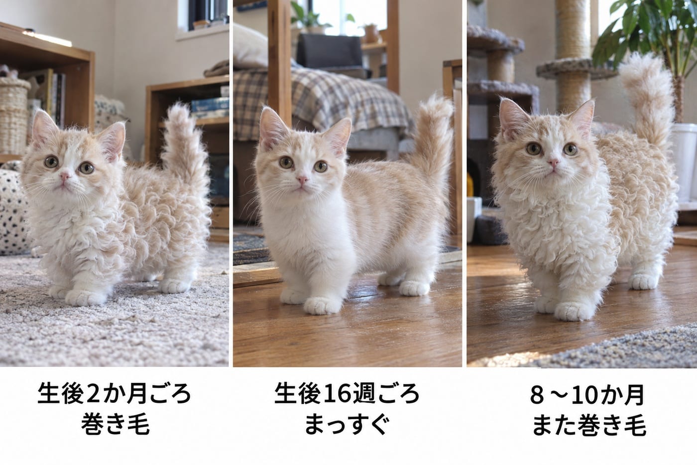巻き毛の子猫、毛がまっすぐになった子猫、巻き毛に戻った若い猫の3頭が並び、「生後2か月ごろ」「生後16週ごろ」「8〜10か月」の文字が添えられている