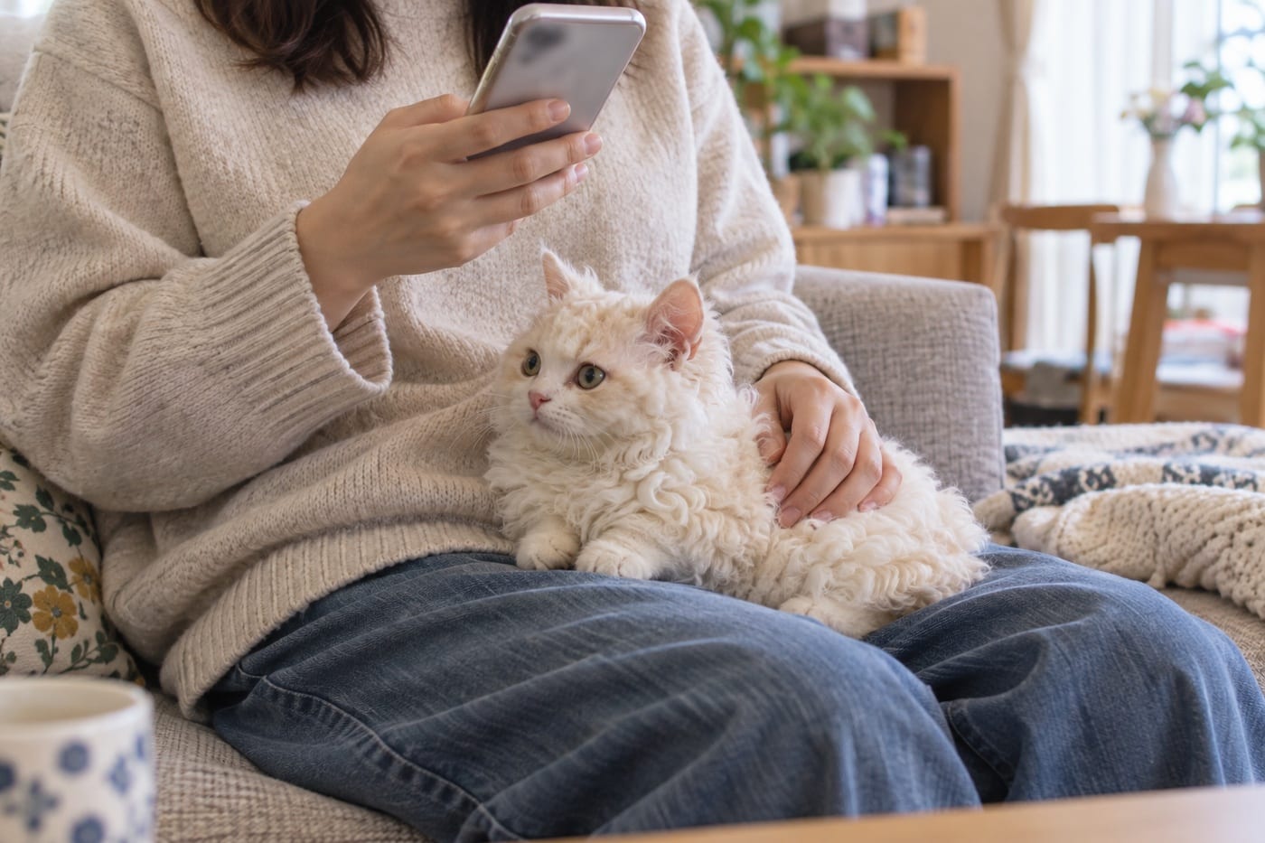 巻き毛の子猫を膝に乗せた人が、ソファに座ってスマホを持っている