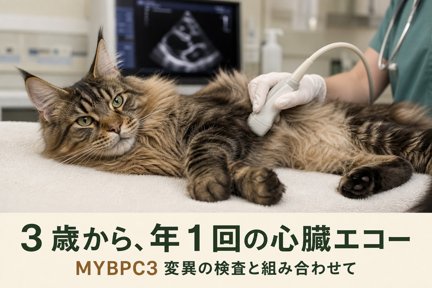 心臓エコー検査を受けるメインクーン。3歳から年1回の心臓エコー、MYBPC3変異の検査と組み合わせて