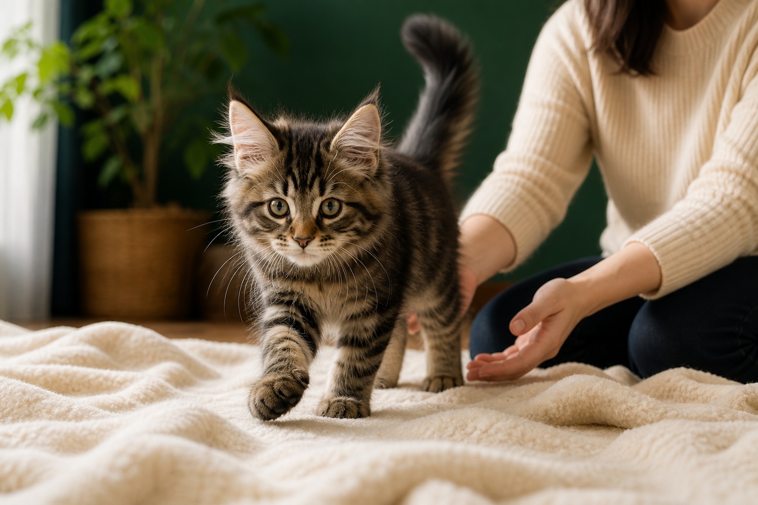 毛布の上を歩くメインクーンの子猫を見守る飼い主の手。生後3〜4か月は後肢の歩き方を観察したい時期