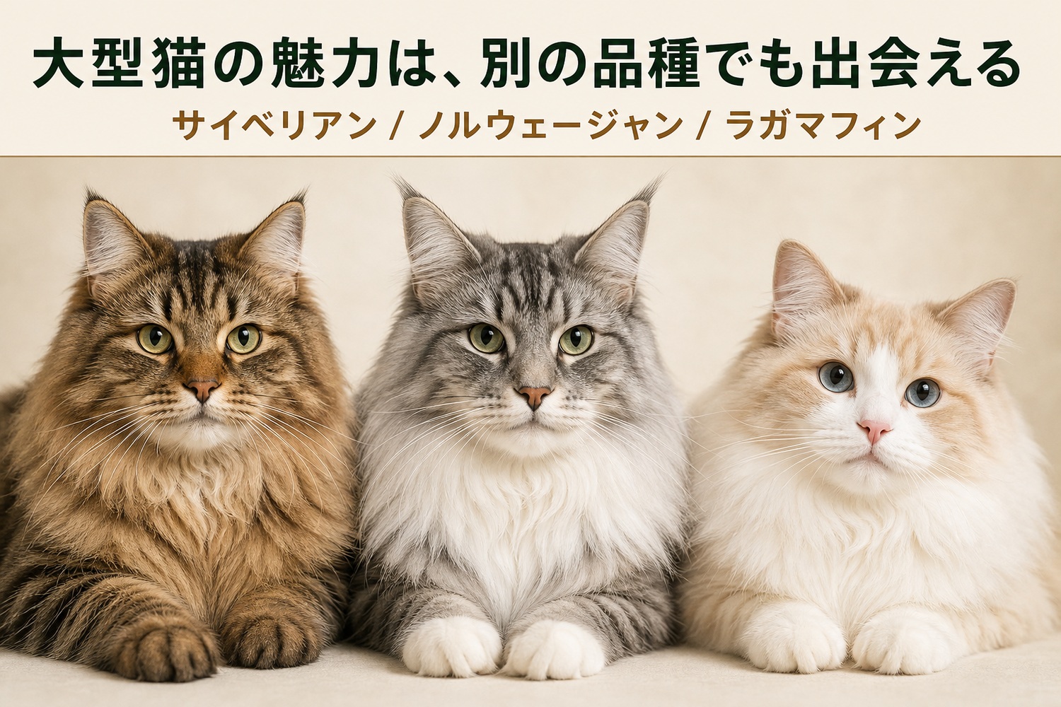 サイベリアン・ノルウェージャンフォレストキャット・ラガマフィンの3頭。大型猫の魅力は別の品種でも出会える