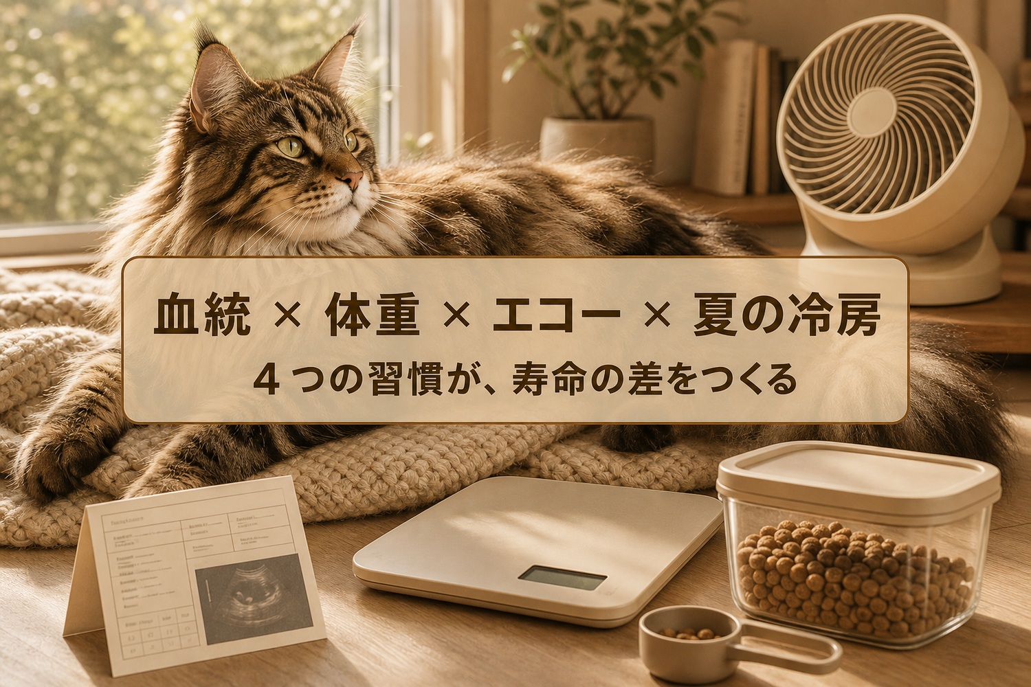 窓辺で寛ぐメインクーンと体重計・フード・扇風機。血統×体重×エコー×夏の冷房、4つの習慣が寿命の差をつくる