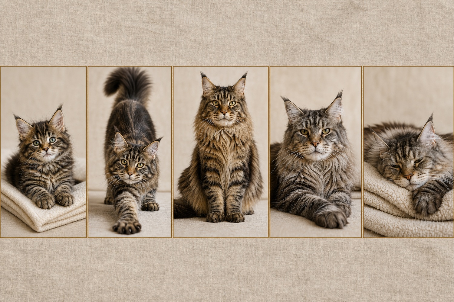 子猫期から高齢期まで5段階のメインクーンが並ぶイラスト。年齢ごとに重点ケアが変わる