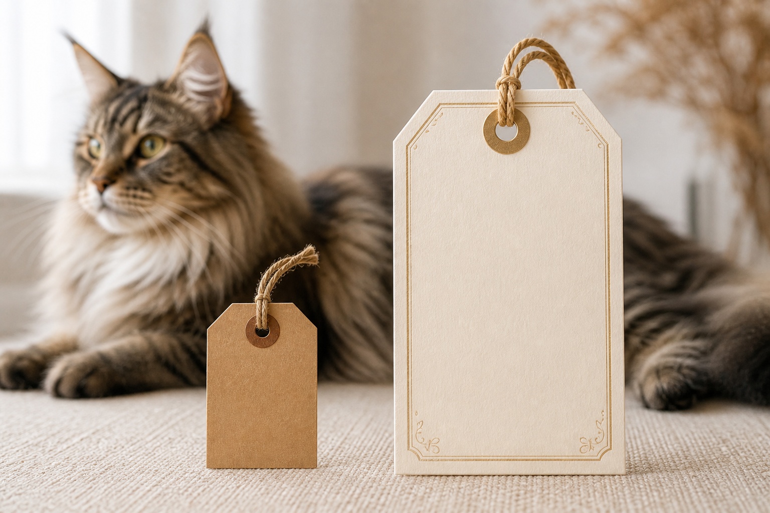 高低2枚の値札と背景の長毛猫が価格差を象徴する静物写真