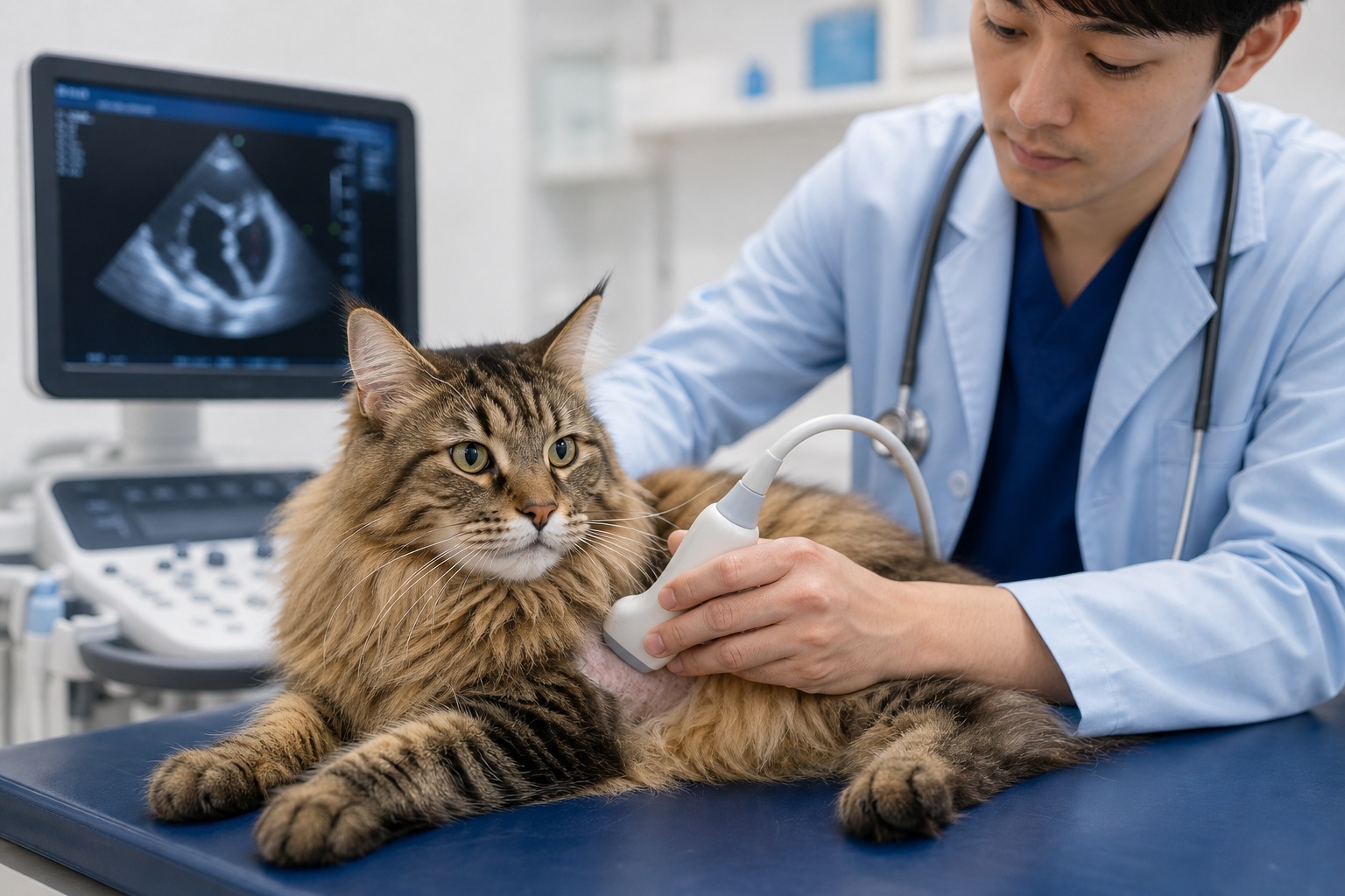 獣医が長毛猫に心臓エコー検査をする臨床ドキュメンタリー写真