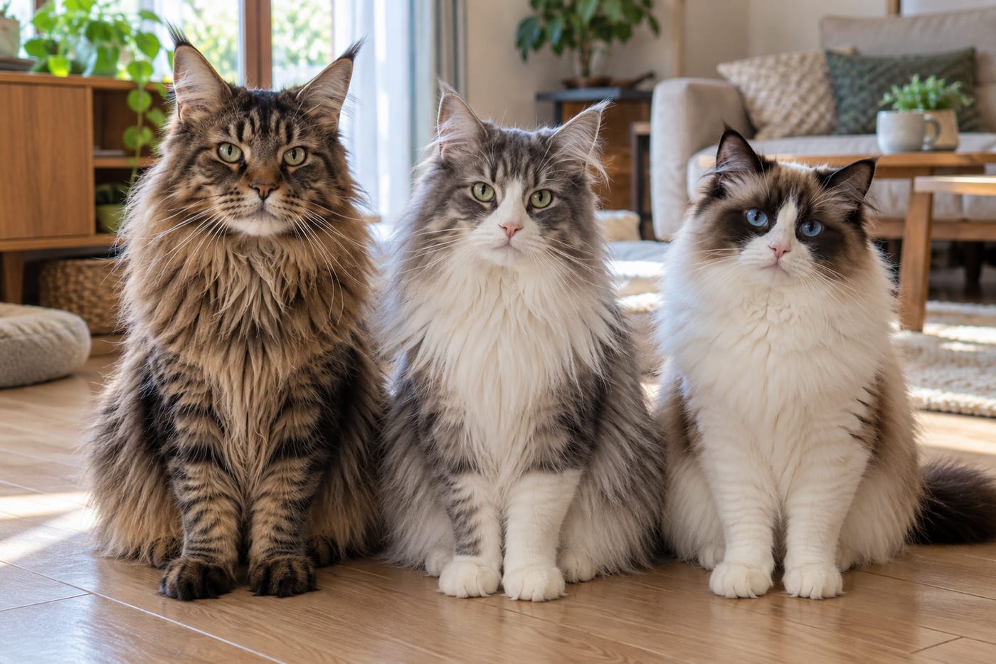 床に横一列に並んで座る3頭の長毛の猫。左からブラウンタビーのメインクーン、ブルーの縞と白のノルウェージャンフォレストキャット、青い目のラグドール