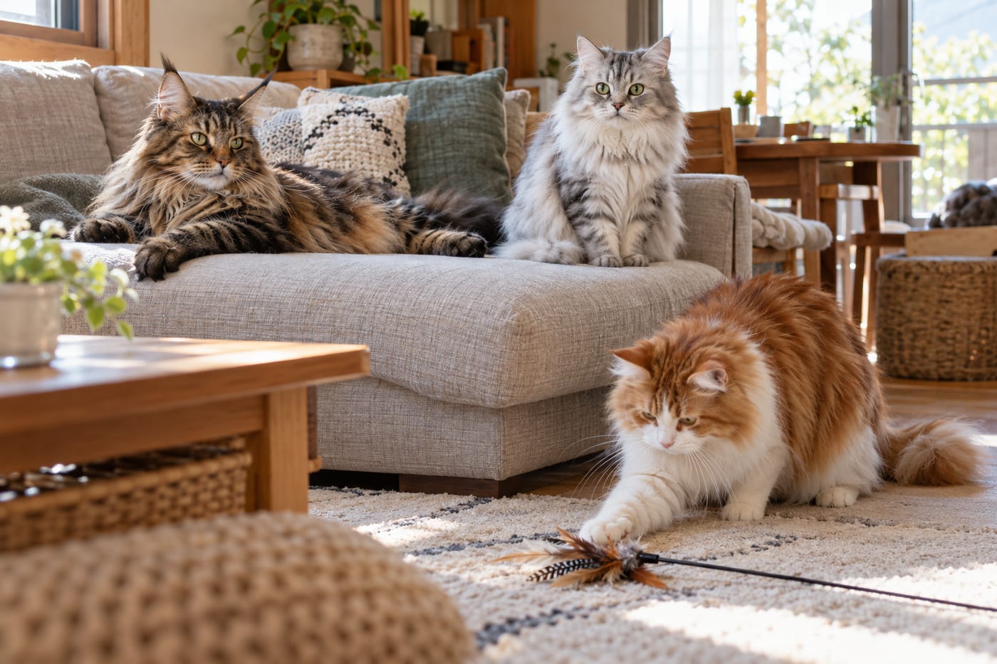 リビングで気ままに過ごす長毛の猫3頭。ソファに寝そべるメインクーン、座っているシルバーのサイベリアン、床で羽根のおもちゃにじゃれる茶白のノルウェージャンフォレストキャット