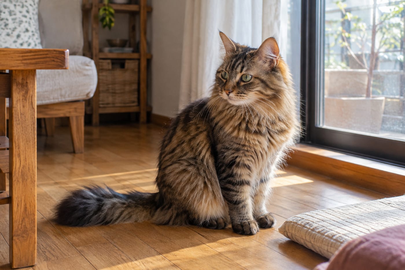 部屋の床に座る、長毛のキジトラの猫。品種はわからないが、ふさふさのしっぽと大きな耳をしている
