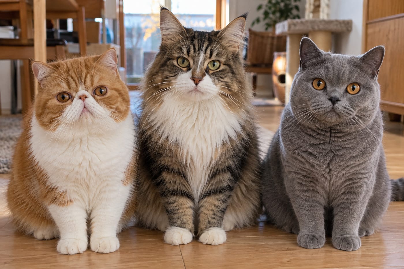 正面を向いて並ぶ3匹の猫。左から、目が丸くて大きいエキゾチックショートヘア、アーモンド形の大きな目のノルウェージャンフォレストキャット、丸い目で左右に離れて付くブリティッシュショートヘア。それぞれ茶白、キジ白、ブルー