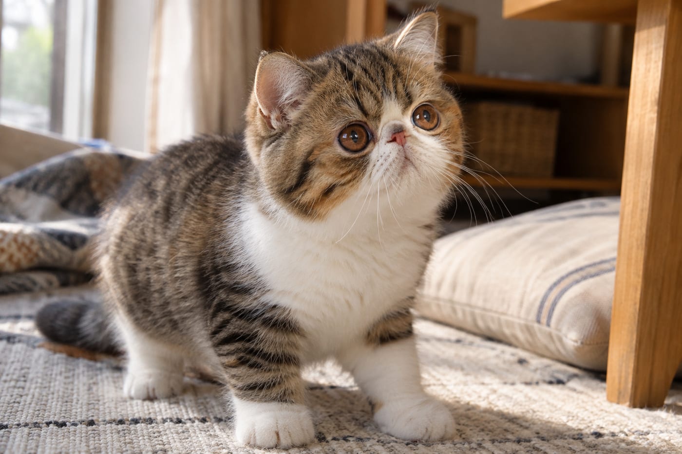 斜めから見上げる、目がぱっちり開いたキジ白のエキゾチックショートヘアの子猫。目の周りはきれいで、涙のあとはない