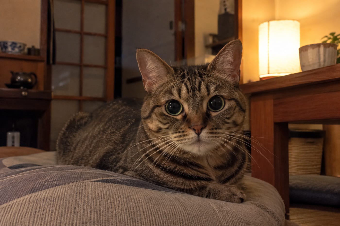 薄暗い部屋で黒目を大きく広げて、こちらをじっと見ているキジトラの猫