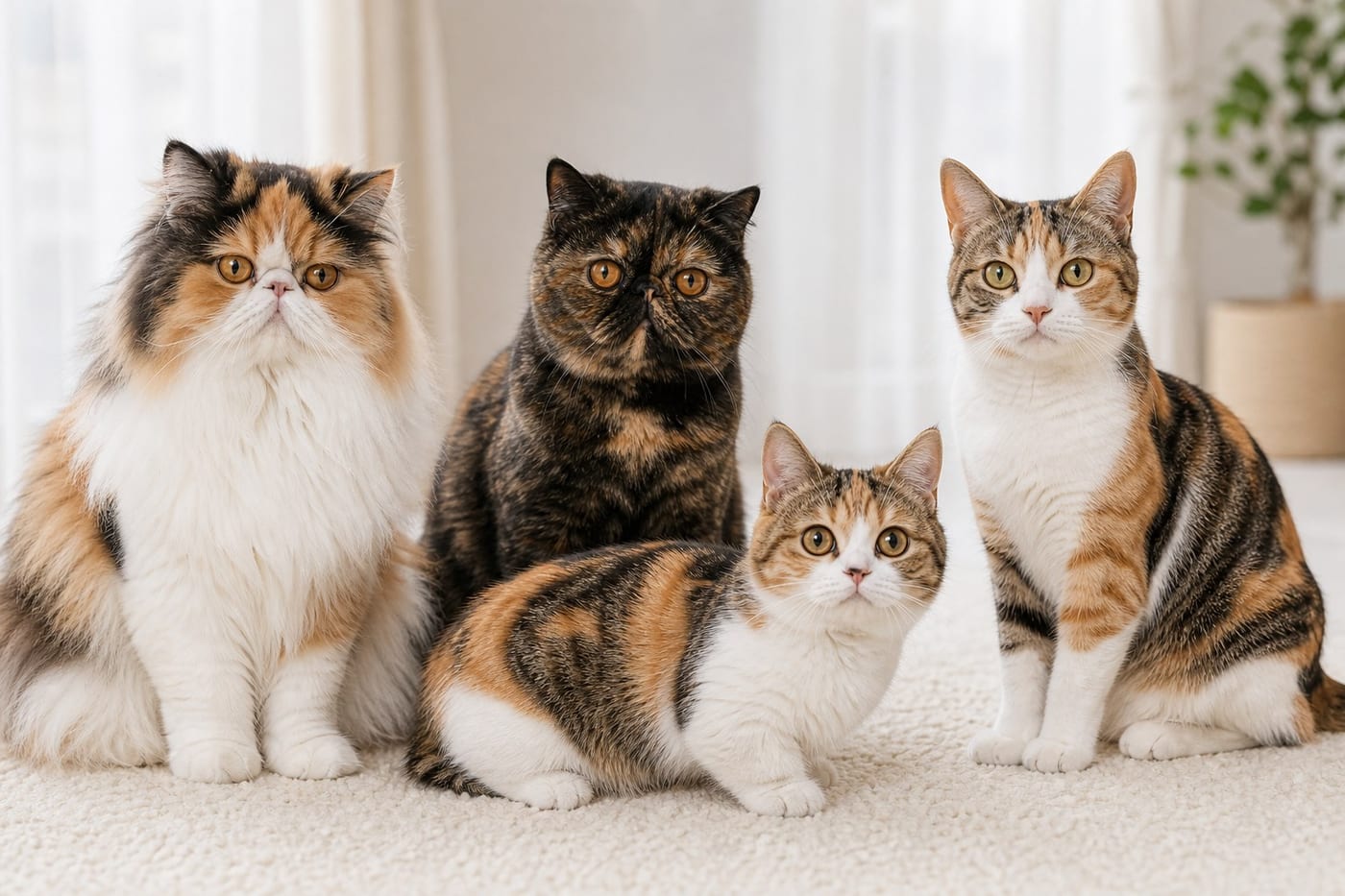 長毛から短毛まで、三毛の柄を持つ4頭の猫が並んでいる様子