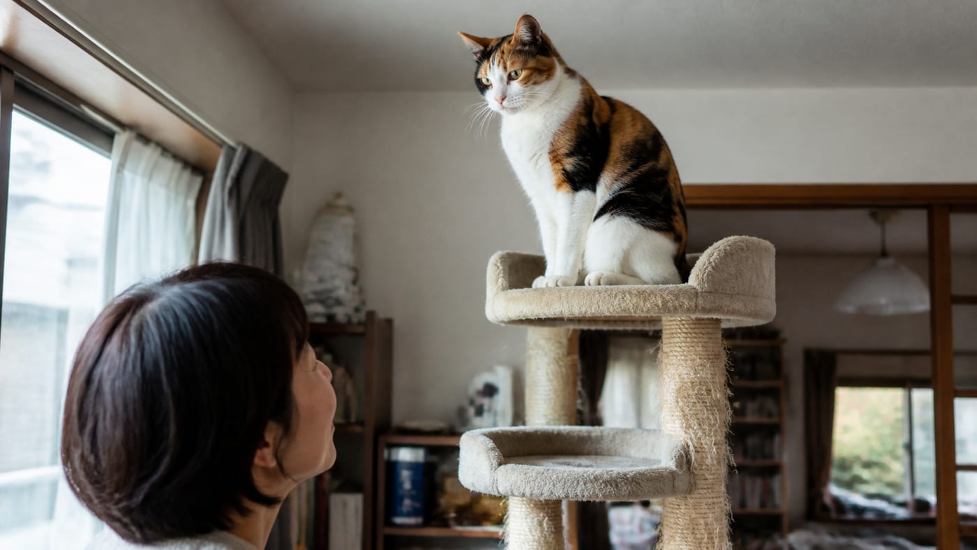 リビングのキャットタワーの上にいる三毛猫と、下から見上げる飼い主