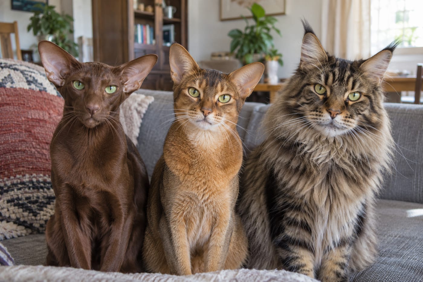 並んで正面を向く3匹の猫。左から、耳が大きく先の尖ったオリエンタルショートヘア、根元が広くお椀状の耳のアビシニアン、耳先に飾り毛のあるメインクーン
