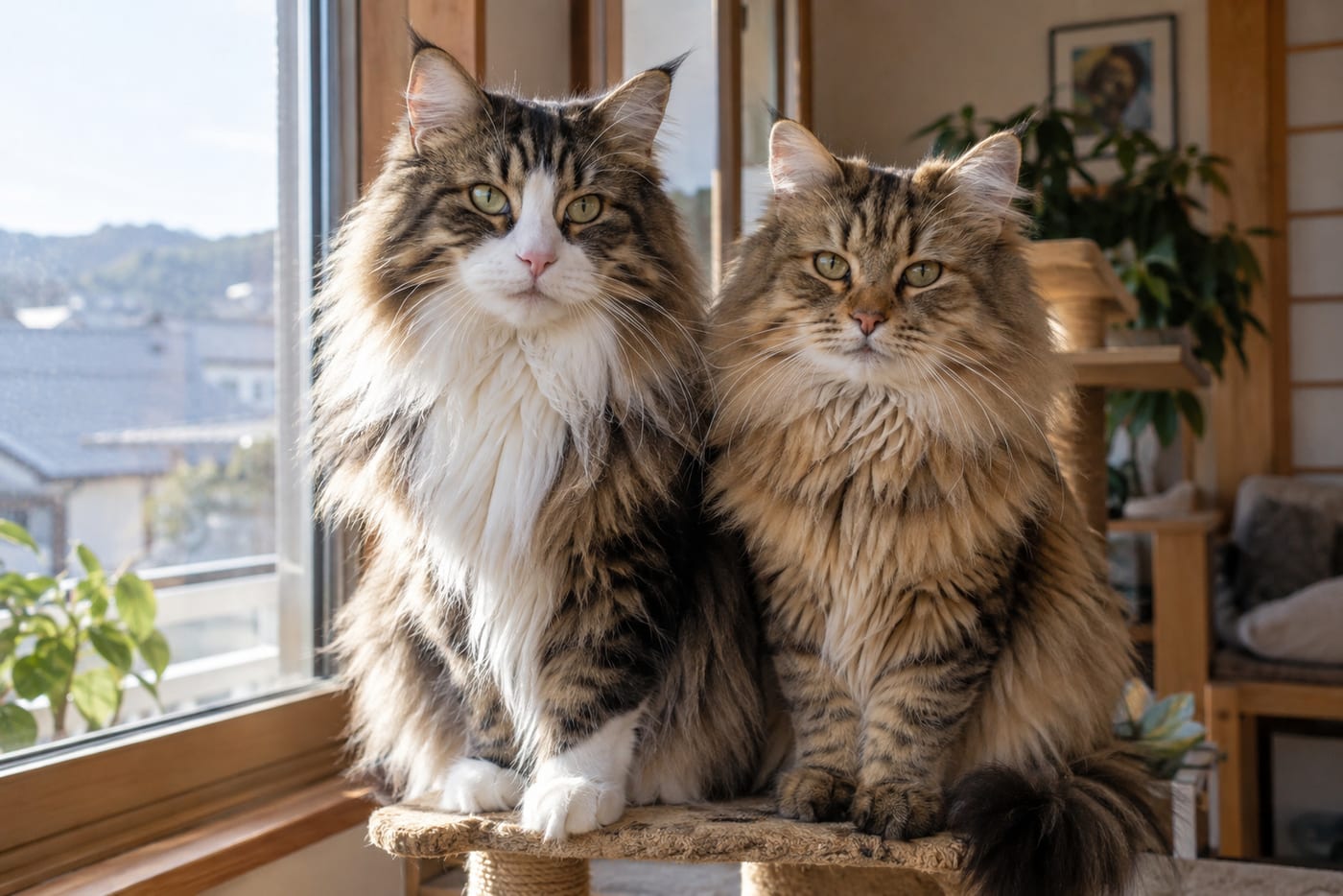 窓辺に並んで座る、耳先に短い飾り毛のあるノルウェージャンフォレストキャット（左）と、丸みのある耳が少し前に傾いたサイベリアン（右）