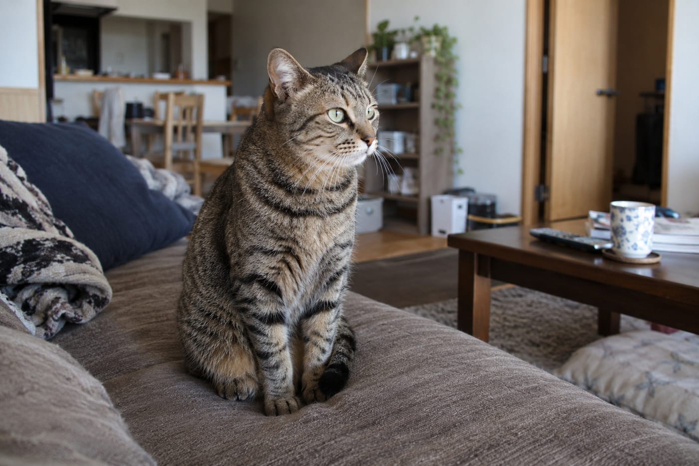 ソファの上で、ドアの方向に顔と耳を向けているキジトラの猫
