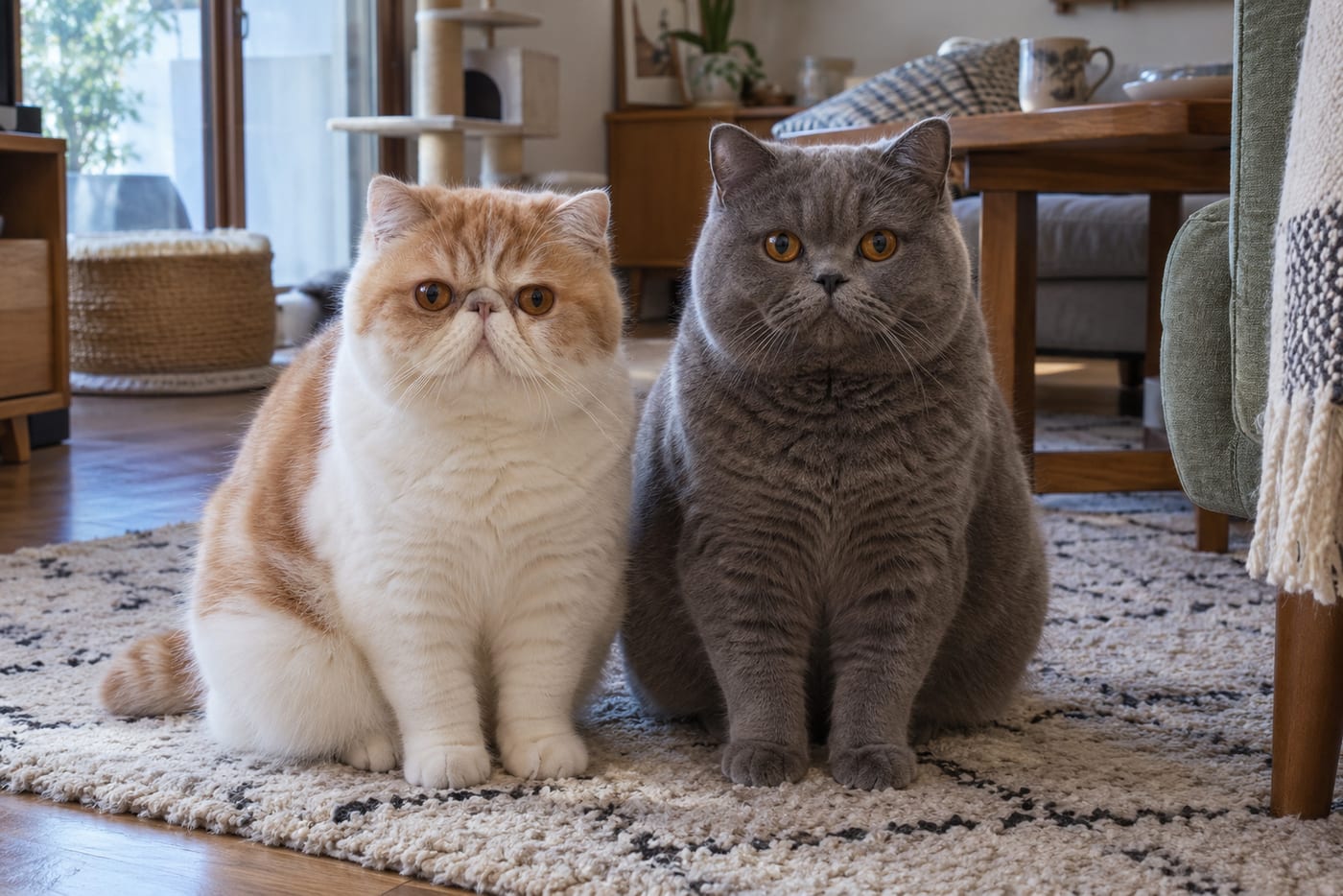 並んで座る、顔の丸いエキゾチックショートヘア（左）とブルーのブリティッシュショートヘア（右）。どちらも耳は先が丸く、頭の側面に付いている