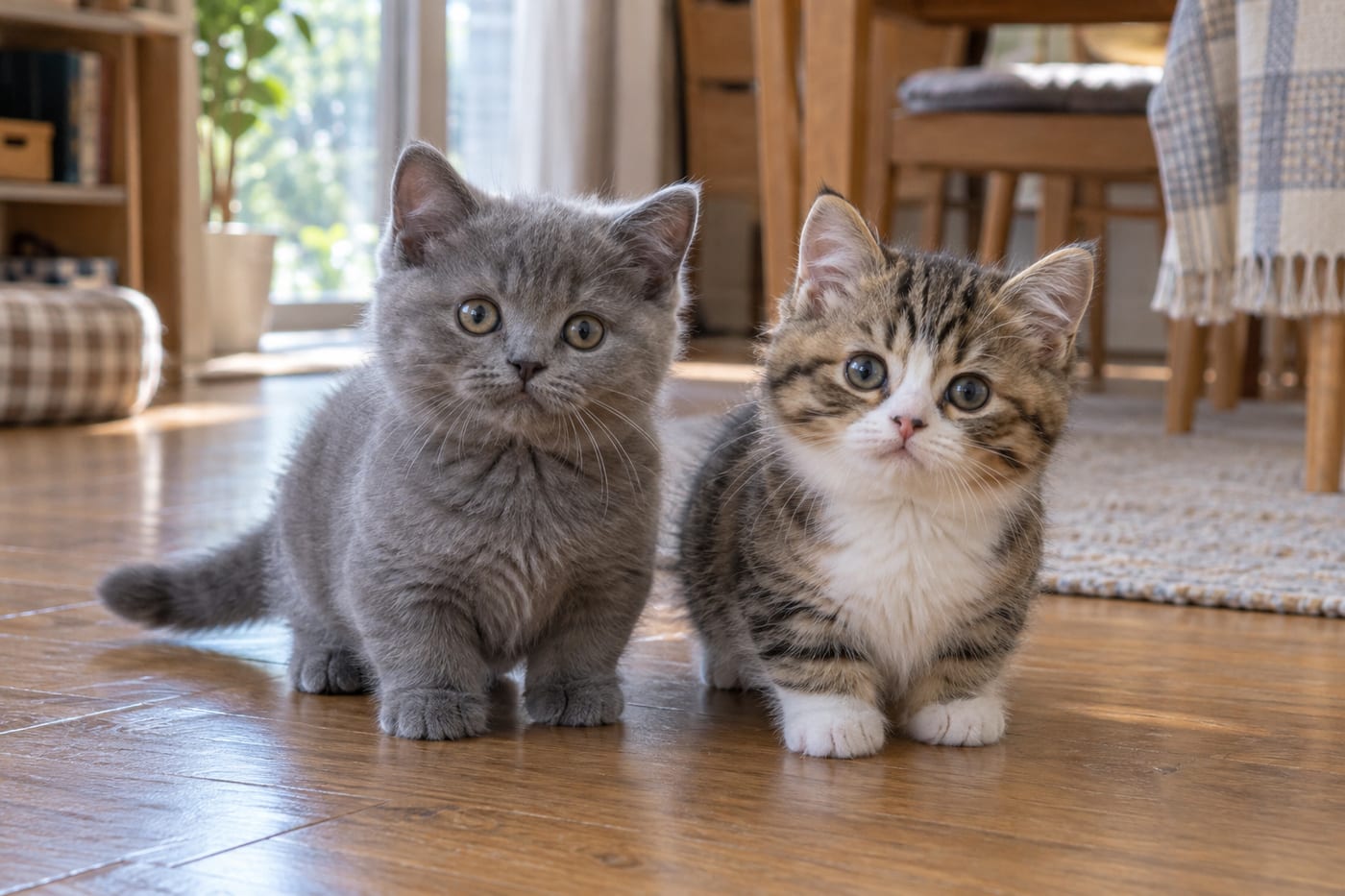 並んで座る、ブルー（灰色）のミヌエットの子猫と、ブラウンタビー＆ホワイト（キジ白）のミヌエットの子猫。どちらも足が短く、顔は丸い
