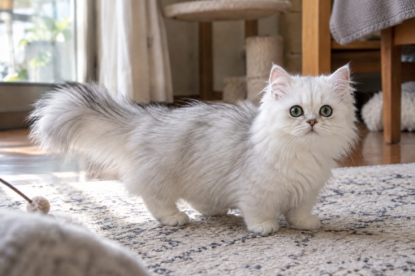 毛先だけが黒い銀色の長毛のミヌエットの子猫（チンチラシルバー）。全体は白っぽく見えるが、毛先に黒が見える。足は短く、顔は丸い