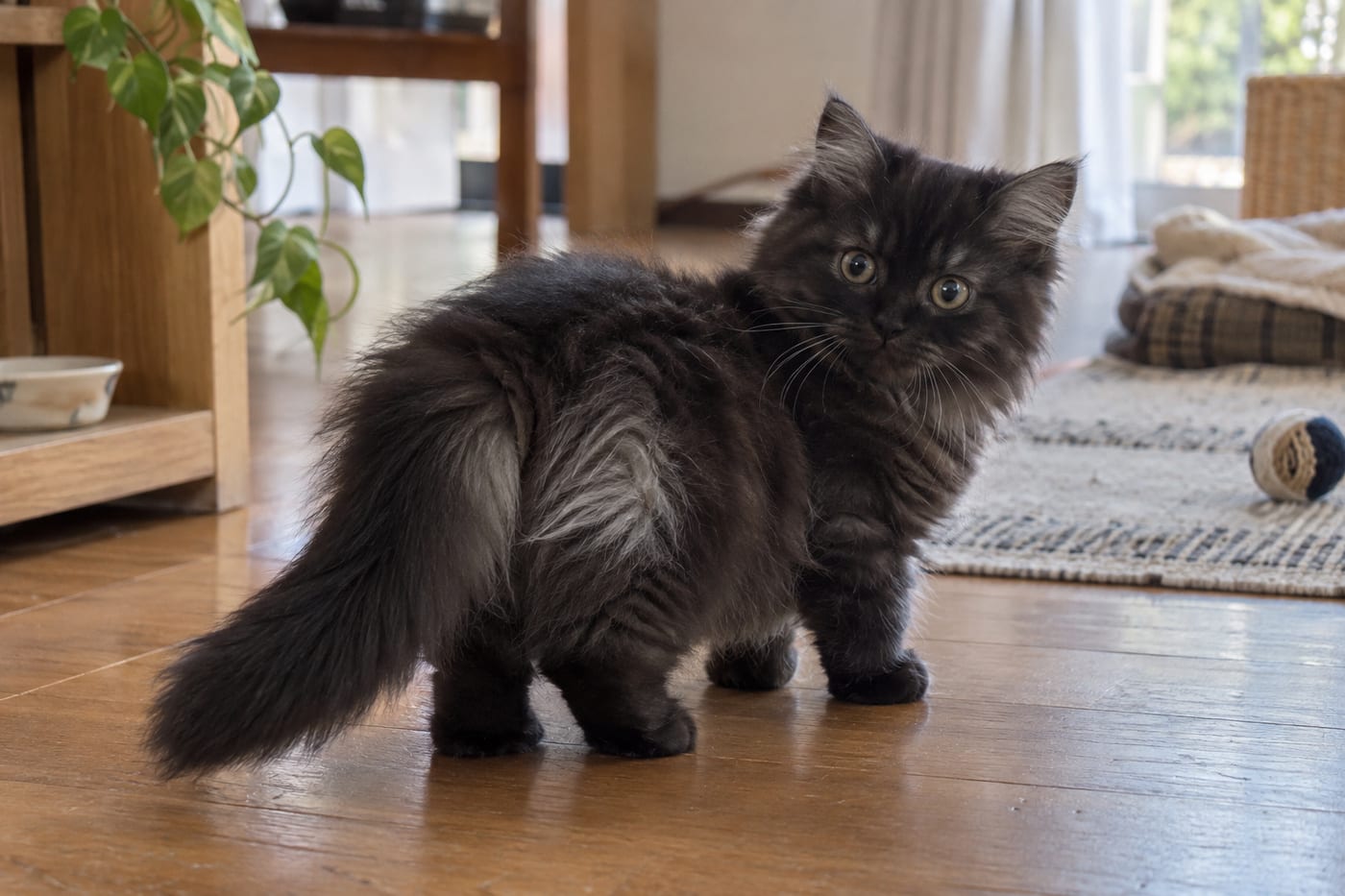 動いたところで、毛の根元の白っぽい色がのぞいている、黒い長毛のミヌエットの子猫（ブラックスモーク）。足は短く、顔は丸い
