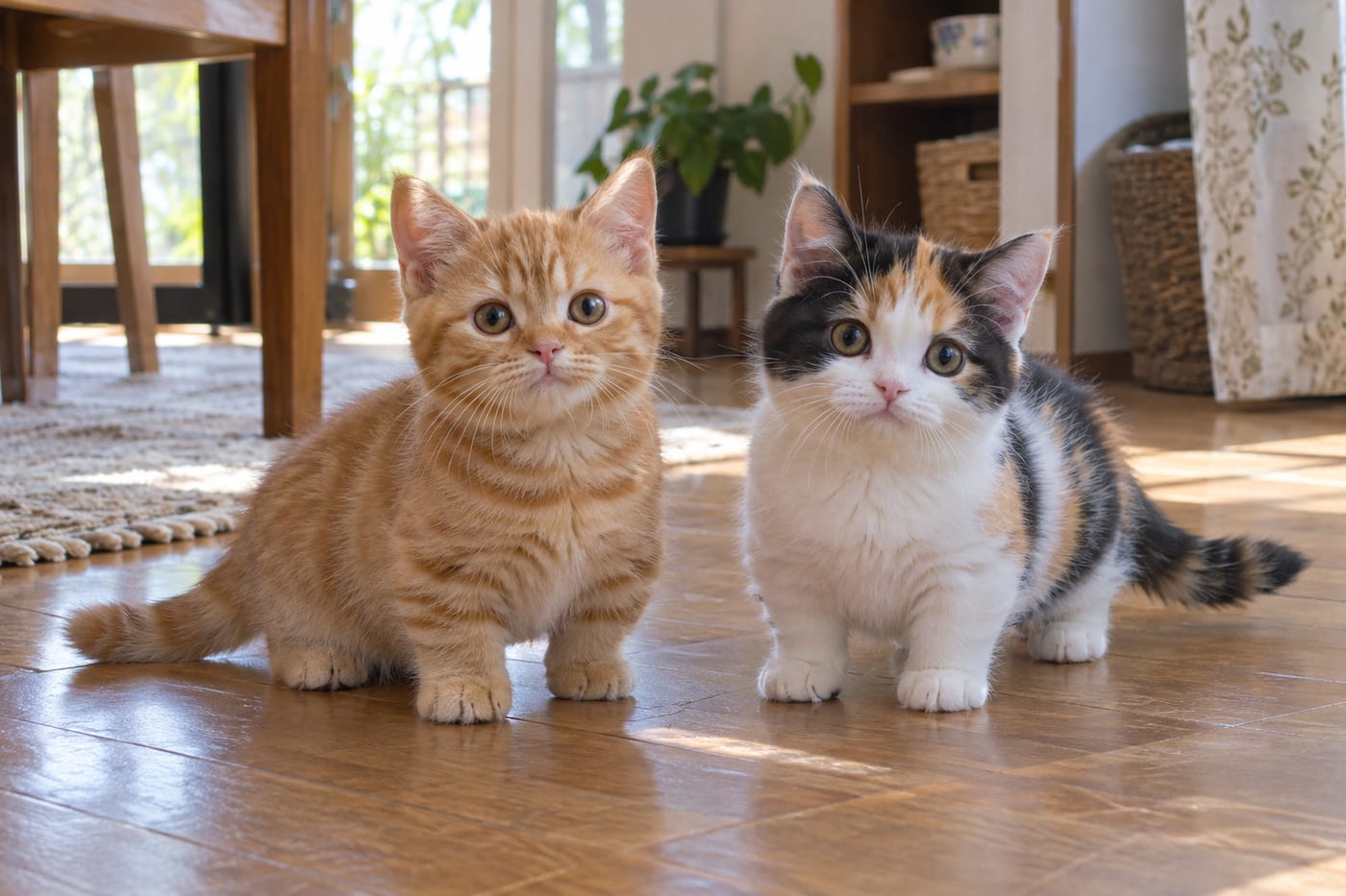 並んで座る、レッドタビー（茶トラ）のミヌエットの子猫と、キャリコ（三毛）のミヌエットの子猫。どちらも足が短く、顔は丸い