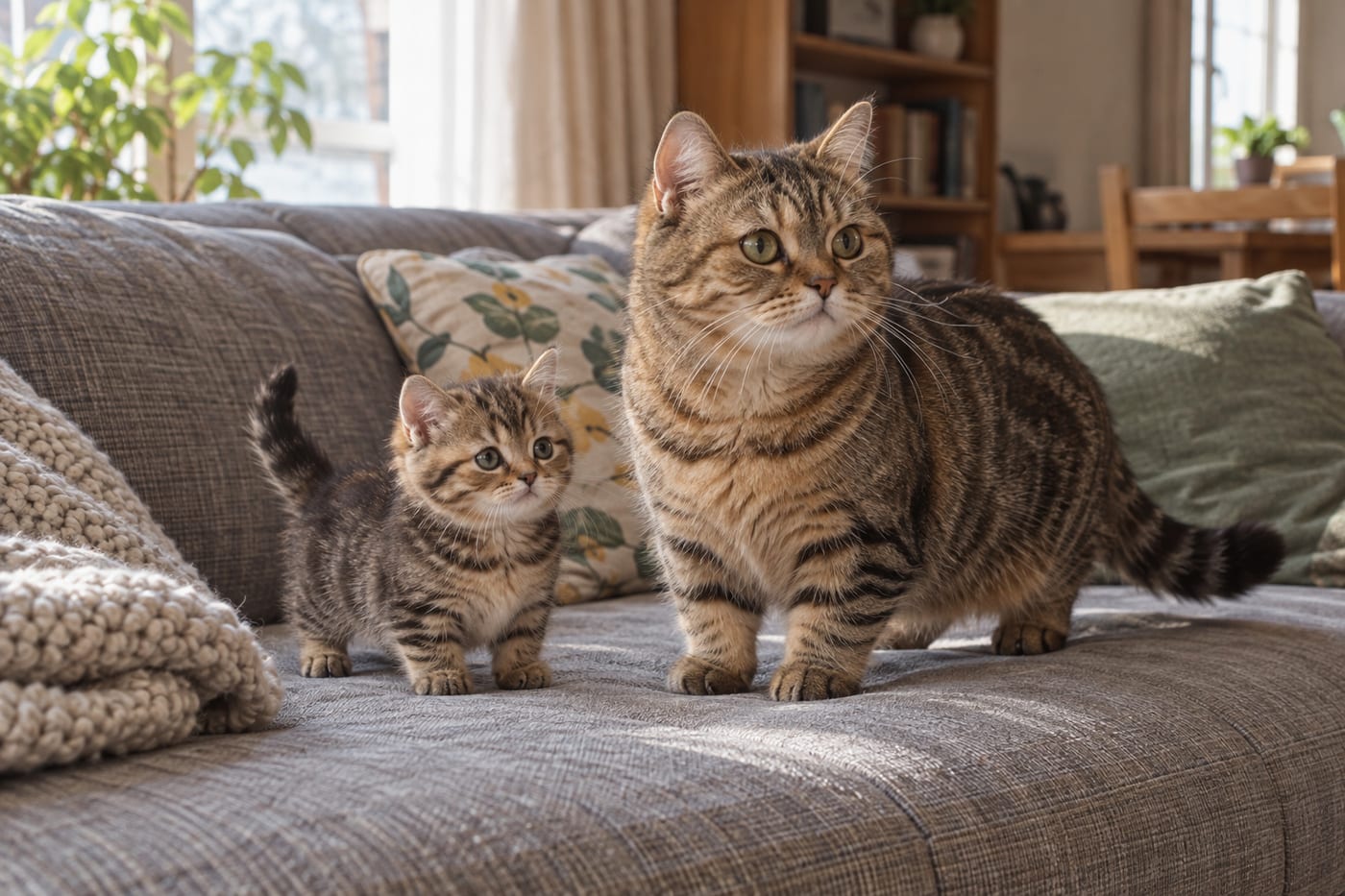 ソファの上で並ぶ、ブラウンタビーのミヌエットの子猫と成猫。どちらも茶色に黒い縞で、子猫のほうが体が小さい