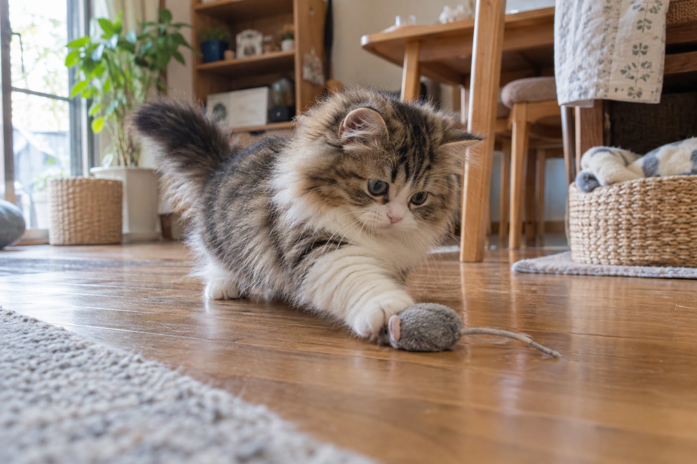 木の床の上で、短い足のミヌエットの子猫が、おもちゃのねずみを前足で押さえようとしている