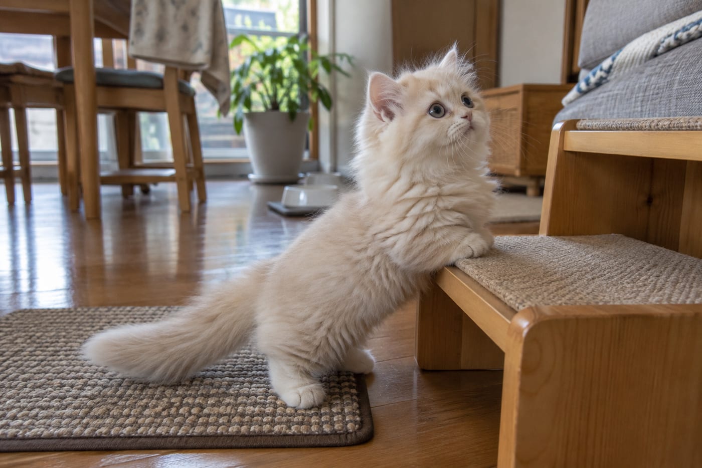 低い木のステップを前足でのぼろうとする、短い足のミヌエットの子猫。足元には滑りにくいマットが敷いてある