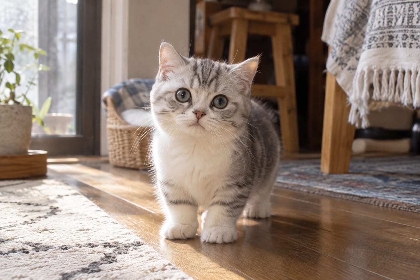 丸い顔の、銀色の縞と白のミヌエットの子猫が、短い足で立って正面からこちらを見ている