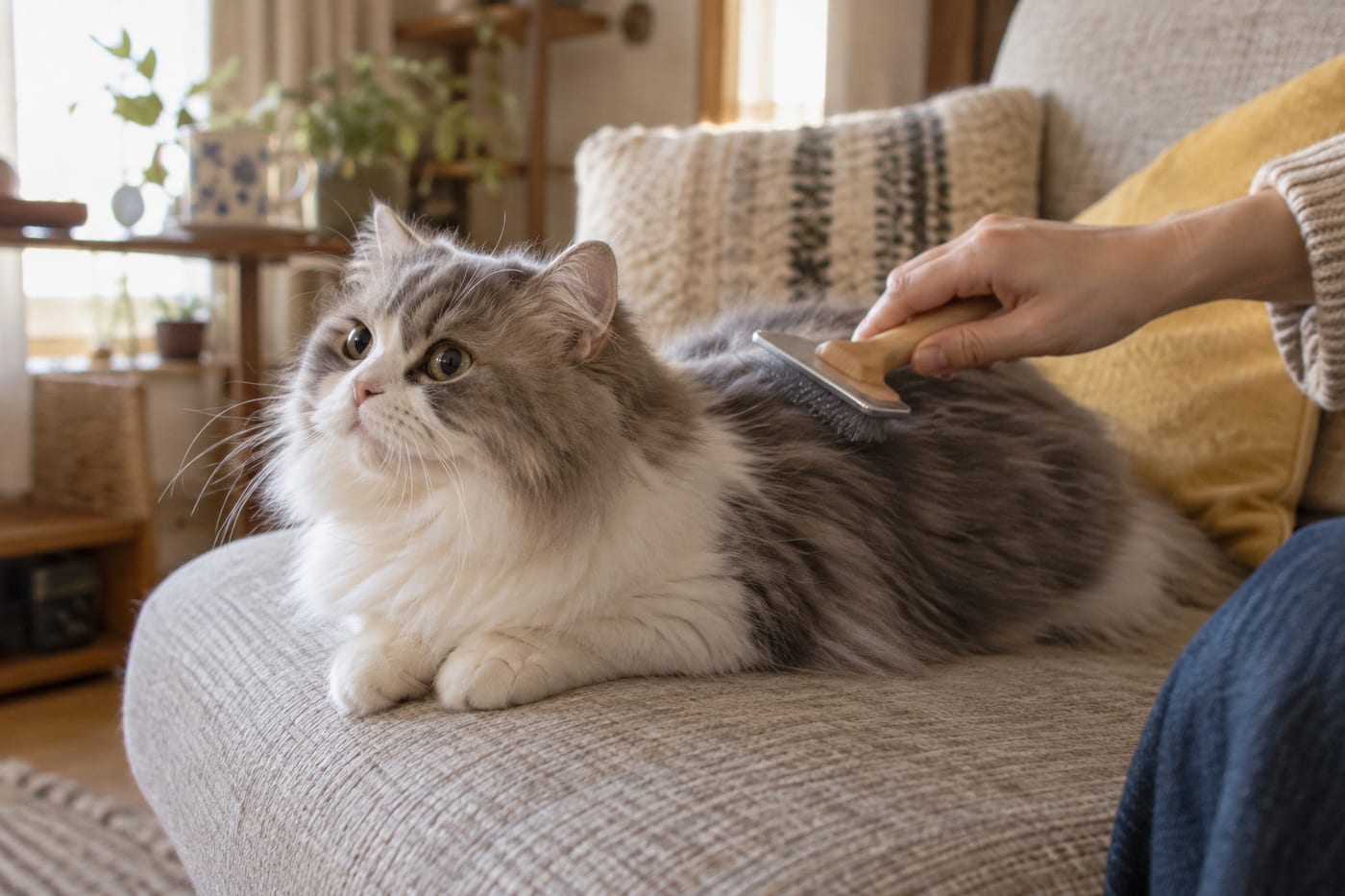 ミヌエットの長毛の猫の背中を、飼い主の手がブラシでとかしている