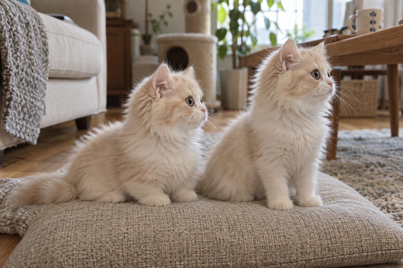 同じクッションの上に並んで座る、クリームと白のミヌエットの子猫2頭。左の子は足が短く、右の子は足がふつうの長さ