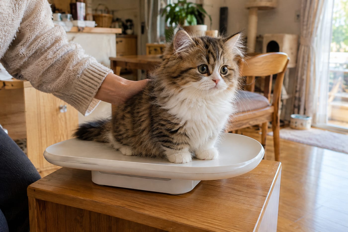 木の台に置いたデジタルスケールの上に座るミヌエットの子猫。横から人の手が背中をそっと支えている