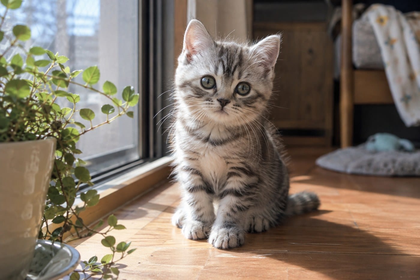 窓辺の日だまりで、口を閉じて静かにこちらを見る、顔の丸いミヌエットの子猫