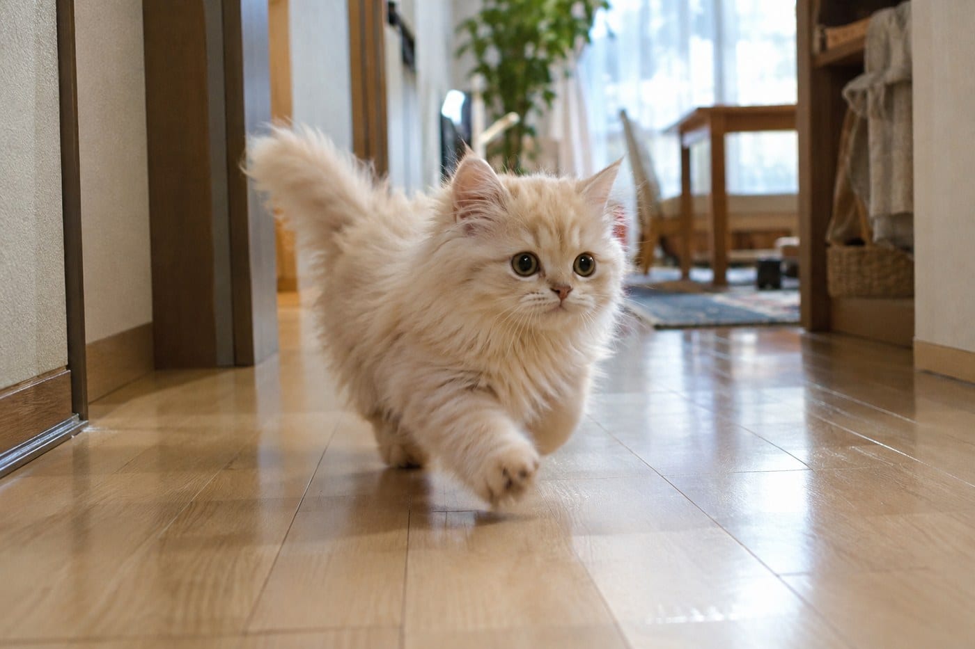 フローリングの上を、短い足で勢いよく駆けていくミヌエットの子猫