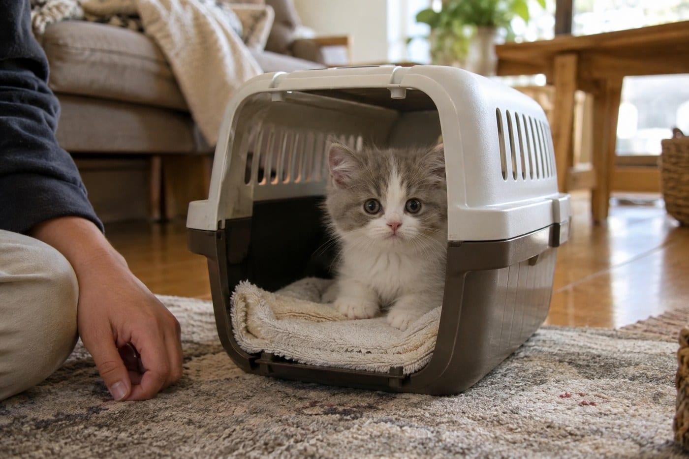 タオルを敷いたキャリーの縁から顔をのぞかせるミヌエットの子猫と、そっと添えられた飼い主さんの手