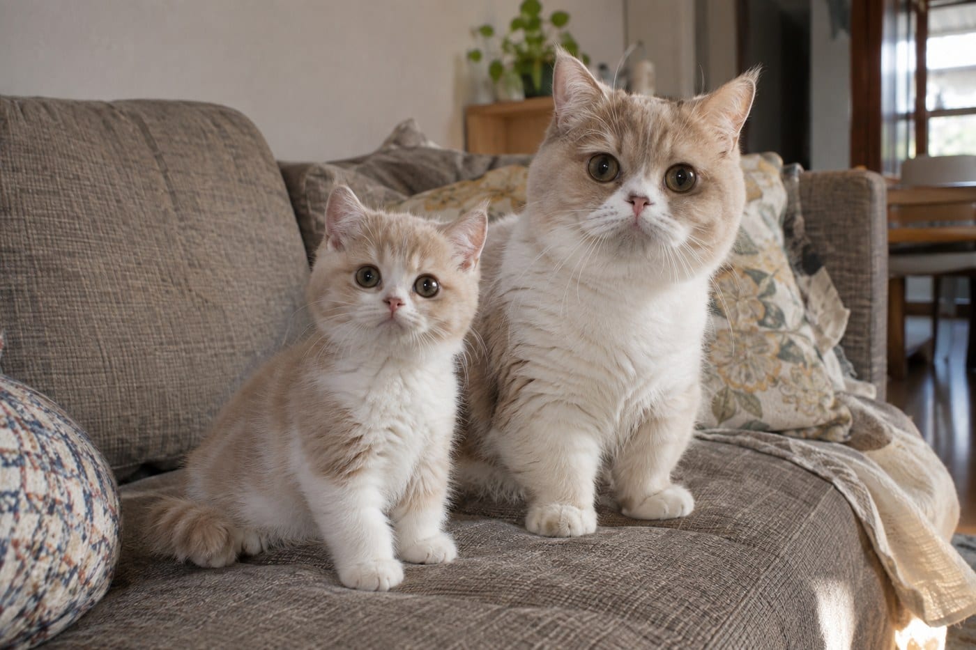 ソファの上で並んで座る、ミヌエットの子猫と成猫