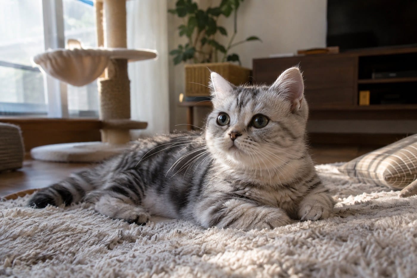 マンションのリビングの窓際に置かれたキャットタワーと、床に敷いたラグの上でくつろぐミヌエットの子猫