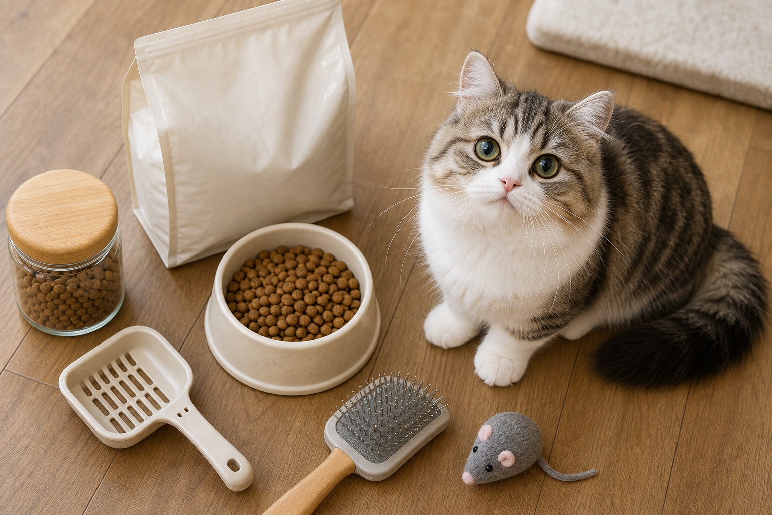 ミヌエットの飼育に必要な用品をまとめたフラットレイ