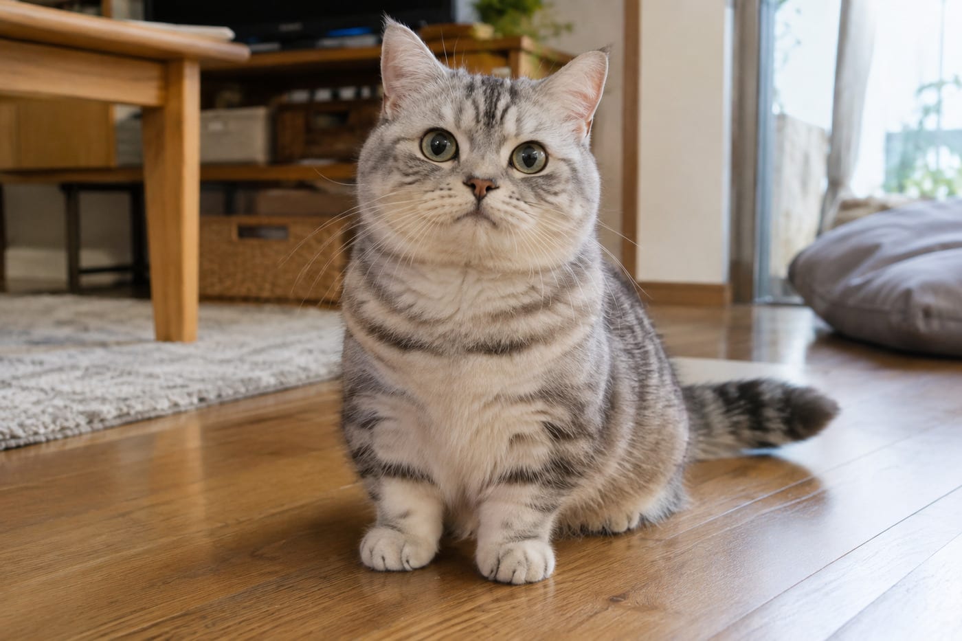 床に座ってこちらを見る、ミヌエットの成猫。丸い顔と立った耳、短い足が分かる全身写真