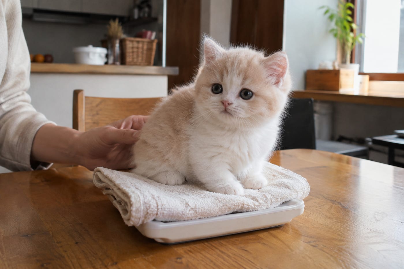 タオルを敷いたキッチンスケールの上に座るミヌエットの子猫と、そっと添えられた飼い主の手