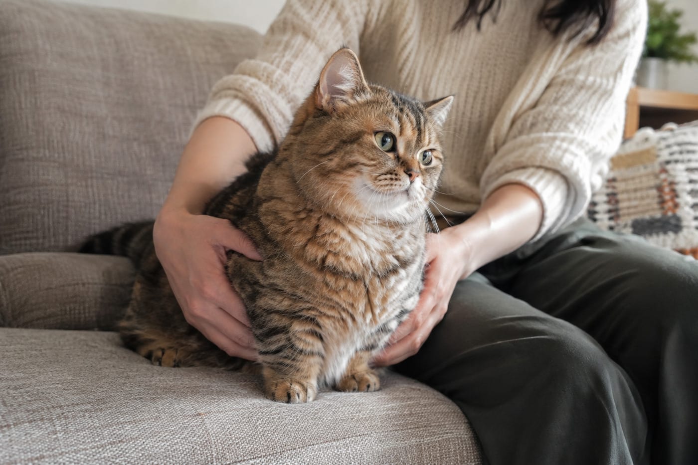 ソファの上で、ミヌエットの成猫の脇腹に飼い主が両手を添えて、肋骨に触れるか体型を確かめている様子
